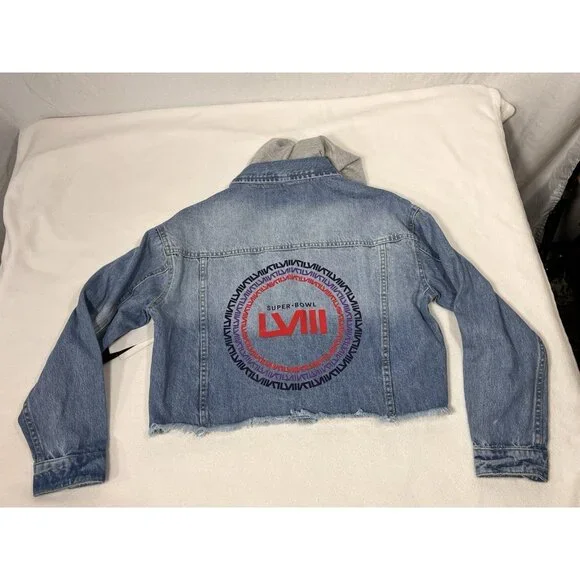 Erin Andrews Super Bowl LVIII Womens Denim Jacket Hoodie Cropped XL NWT - Picture 12 of 16